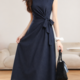 Elegant Commuter Vertical Striped Tie Sleeveless Dress