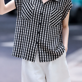 Elegant Commuter Lapel Button Plaid Short-Sleeve Blouse