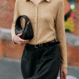 Elegant Commuter Leaf Jacquard Lapel Long-Sleeve Knit Blouse