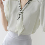Skipper Collar Logo Striped Scarf Decor Satin Blouse