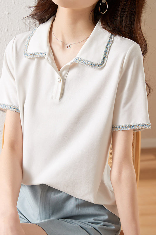 ポロカラーツイード装飾Tシャツ - liwisi