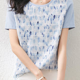 Round Neck Art Print Jacquard Check Contrast T-Shirt with Lining