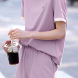Casual color-block short-sleeve long pants two-piece set. - liwisi