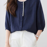 French Commuter Crew Neck Lace Trim Three-Quarter Sleeve Blouse