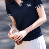 Elegant Commuter Contrast Stripe Puppy Embroidery T-Shirt