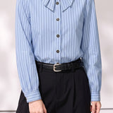 Exquisite Commuter Vertical‑Stripe Long‑Sleeve Blouse With Peter‑Pan Collar