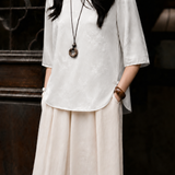 Elegant Commuter Crew Neck Satin Jacquard Three-Quarter Sleeve Blouse