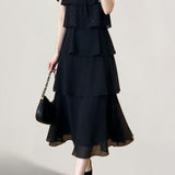 Exquisite Elegant Lapel Tiered Waist-Cinched A-Line Dress