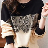 Round Neck Bi-Color Embroidered Lace Decor Sweatshirt