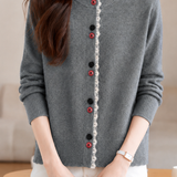 Comfortable Commuter Crew Neck Wavy Ruffle Contrast Button Long Sleeve Knit Cardigan