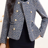 Elegant Marled Tweed Raw‑Edge Fringe Double‑Breasted Coat