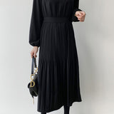 Round Neck Pleated Contrast Long Flare Dress - 4 Colors Available