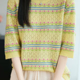 Exquisite Commuter Diamond Hollow Jacquard Crew Neck Elbow Sleeve Knit Top