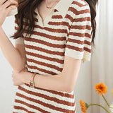 Casual Striped Lapel Knit Dress