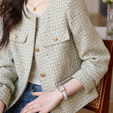 Chanel-Inspired No-Collar Sequin Decor Jacket with Lining