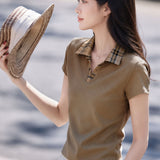 Casual Plaid Spliced Lapel Cotton T-Shirt