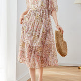 Fresh Floral Layered Spliced Ruched Dress