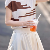 Elegant Commuter Contrast Crew Neck Ice Silk Short-Sleeve Knit Top