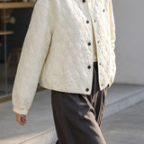 Casual Color Block Crew Neck Diamond Quilted Long Sleeve Coat