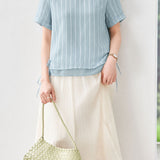 Elegant Commuter Vertical Striped Ruffled Side Drawstring Chiffon Top