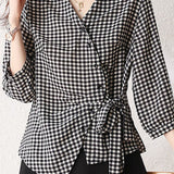 French Commuter Black And White Plaid Oblique Front Tie Shirt
