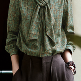 Elegant Contrast Stripe & Plaid Blouse With Ribbon Tie