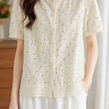 Exquisite Polka Dot Short-Sleeve Shirt With Lace Splicing