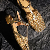 Retro Hollow Mesh Woven T-Strap Sandals - liwisi