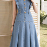 French Commuter Denim Ruffled Tank Dress