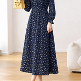 Exquisite Elegant Floral Waist-Cinched Long-Sleeve Dress