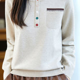 Casual Fake Two-Part Half Placket Knit Top With Patch Pockets