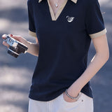 Elegant Commuter Contrast Lapel Swan Embroidery Short-Sleeve T-Shirt
