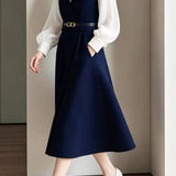 French Commuter Fake‑Two‑Piece Color‑Block Bow Collar Long‑Sleeve Dress