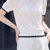 Elegant Commuter Crew Neck Color-Block Lace Short-Sleeve Knit Top
