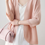 Temperament Commuter Thin V-Neck Three-Quarter Sleeve Knit Cardigan