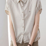 Casual Cotton Linen Plaid Short-Sleeve Shirt