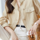 Casual Commuter Cropped Thin Long-Sleeve Cargo Jacket With Stand Collar & Double Patch Pockets