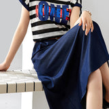 Two-Piece Set: Round Neck Logo Print Striped Blouse + Simple Design Long Belted Skirt