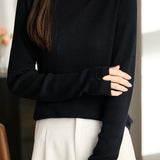 Elegant Polo Collar Cuff Slit Ribbed Knit Sweater