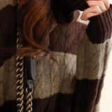 Color-Block Striped Cable Knit Turtleneck Sweater