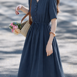 Elegant Commuter Tie Elastic Waist-Cinched Short-Sleeve Dress