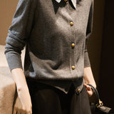 Layered Look Shirt Collar Striped Contrast Knit Cardigan - 3 Colors Available