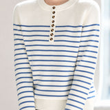 Elegant Commuter Horizontal Stripe Half-Placket Long Sleeve Knit Top