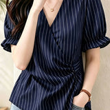 French Elegant Commuter V-Neck Striped Waist Tie Flared Sleeve Blouse