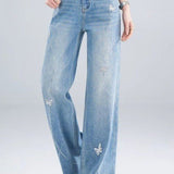 Casual High Waist Butterfly Rhinestone Wide‑Leg Denim Trousers