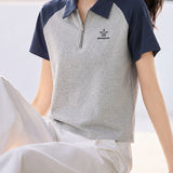 Elegant Commuter Raglan Color Block Star Embroidery Half-Zip T-Shirt