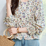 Fresh Pastoral Floral Lantern Sleeve Blouse