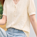 Elegant Wavy Ruffle Pearl Button Jacquard Blouse