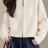 Elegant Round Neck Zipper Textured Long Sleeve Knit Cardigan
