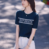 Elegant Commuter Ice Silk Crew Neck Jacquard Letter Color Block Short-Sleeve Knit Top